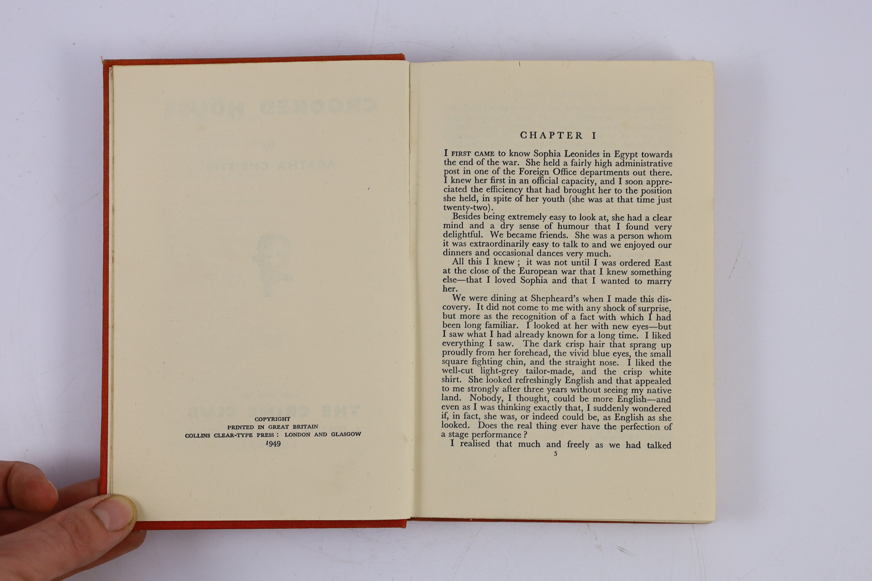 Christie, Agatha - 2 works - Cards on the Table, 1st edition, original orange cloth, spine sunned, The Crime Club for Collins, London, 1936 and Crooked House, 1st edition, original cloth, spine sunned, stain to front cov